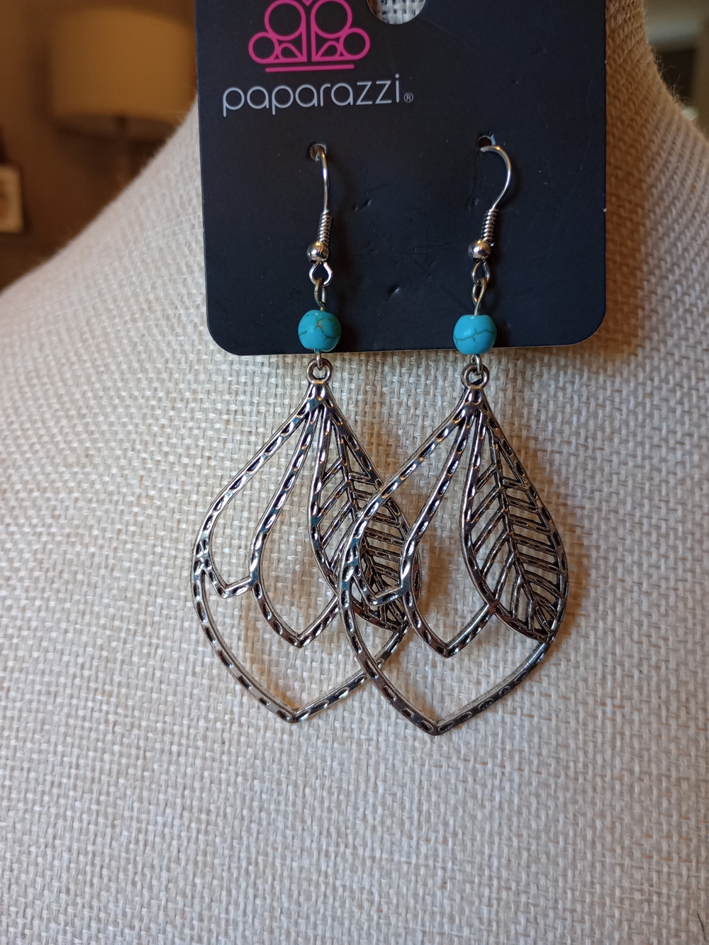 paparazzi Silver Leaf Filigree Earrings with Turquoise Bead